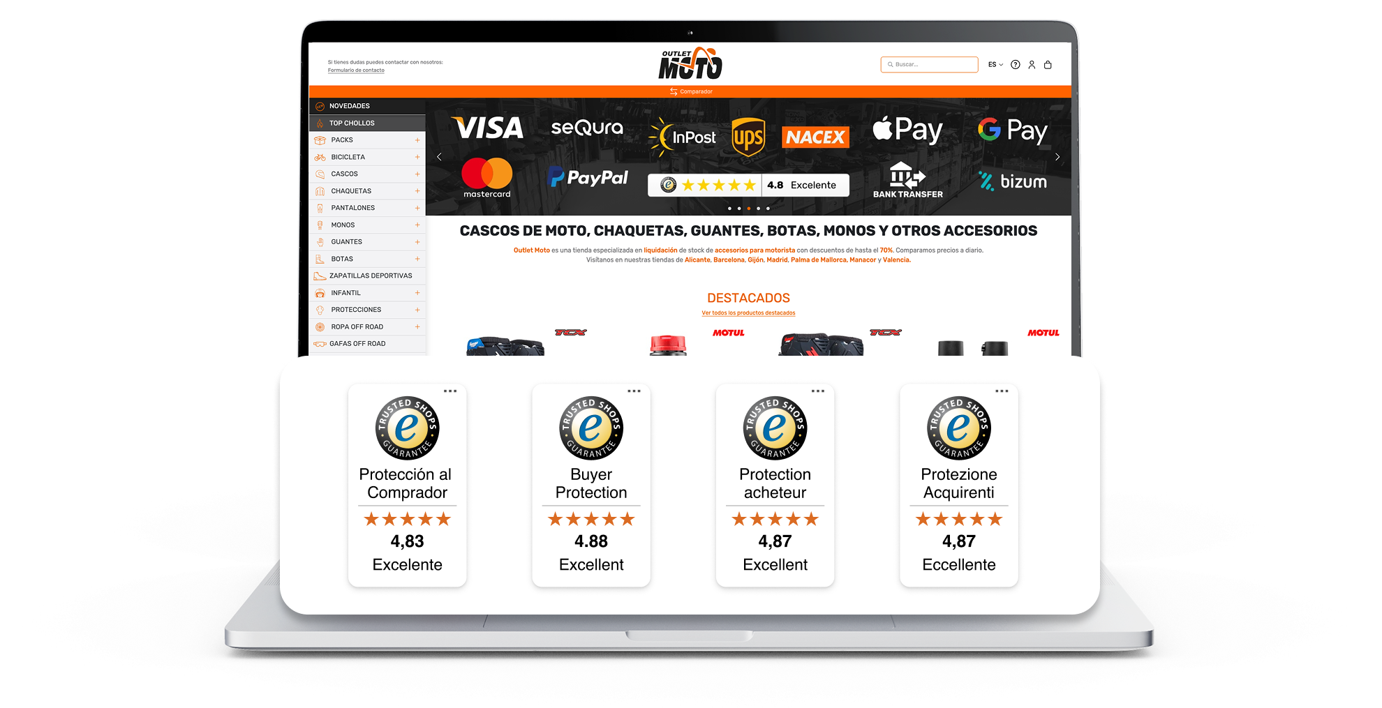 homepage de outlet moto con los trustbadges internacionales de Trusted Shops