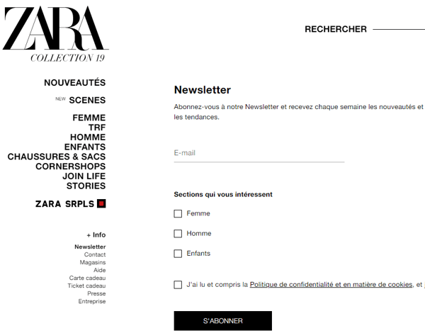 zara newlsletter opt-in simple