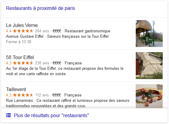 Exemple de restaurant sur la recherche Google
