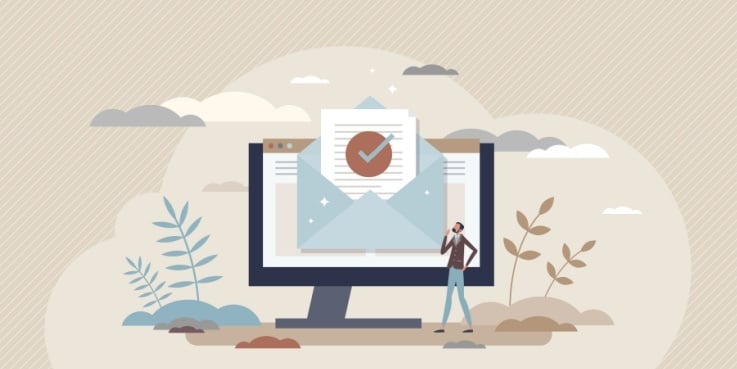 dessin homme regarde une enveloppe ouverte avec un check de conformité qui sort d'un écran