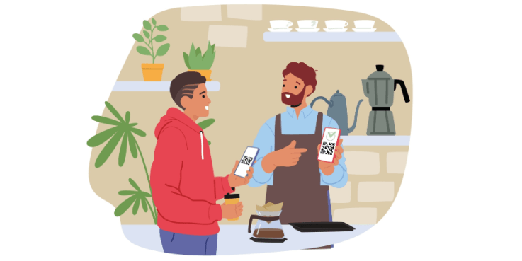 dessin d'un commerçant dans une boutique tenant un téléphone portable avec un QR code sur l'écran et montrant l'écran à un client qui tient aussi un portable avec QR code pour effectuer un paiement 