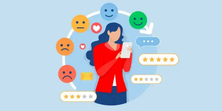 dessin femme qui lit des avis clients positifs, neutres et négatifs